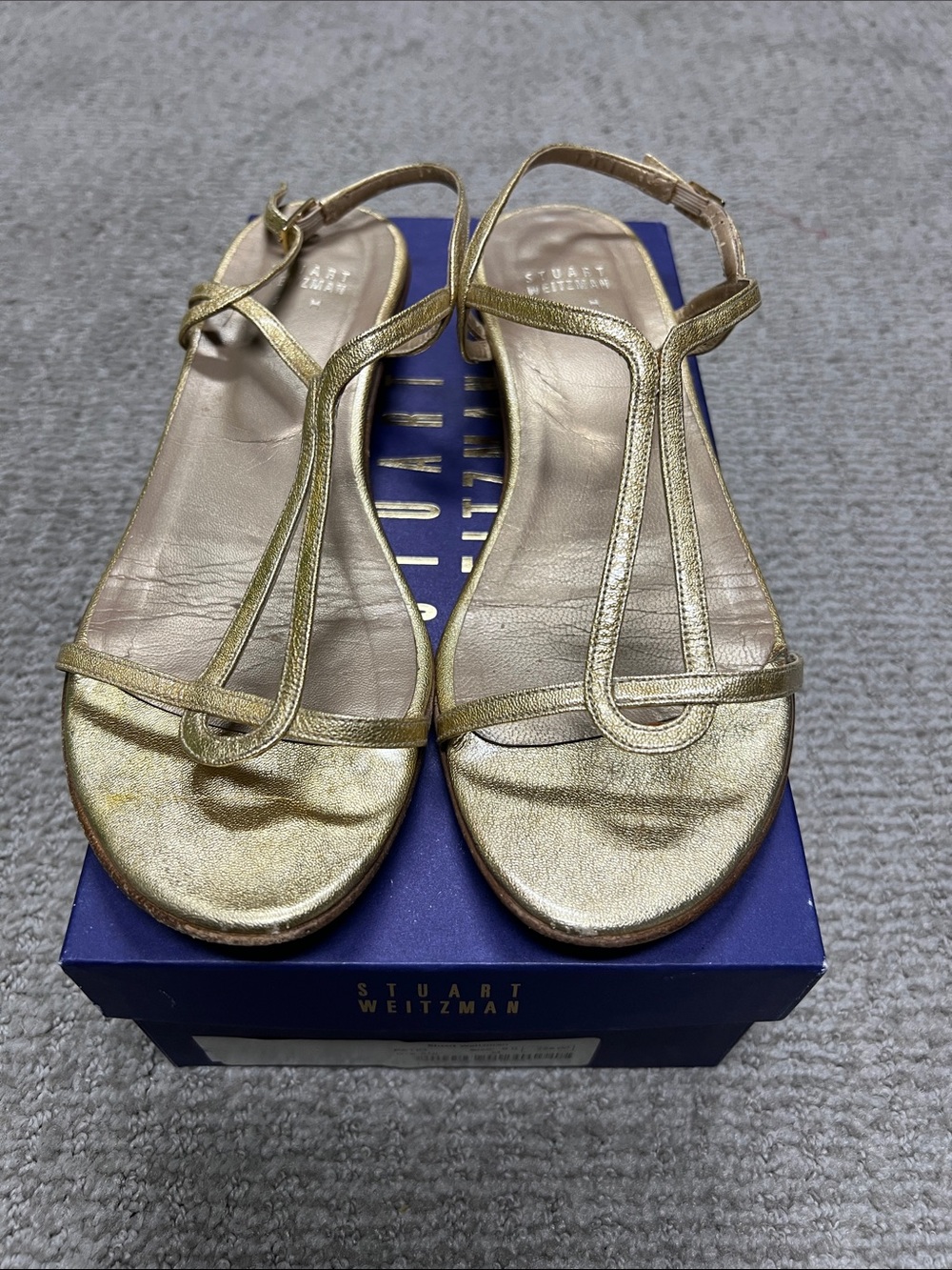 Stuart Weitzman Metallic Gold T-Strap Sandals